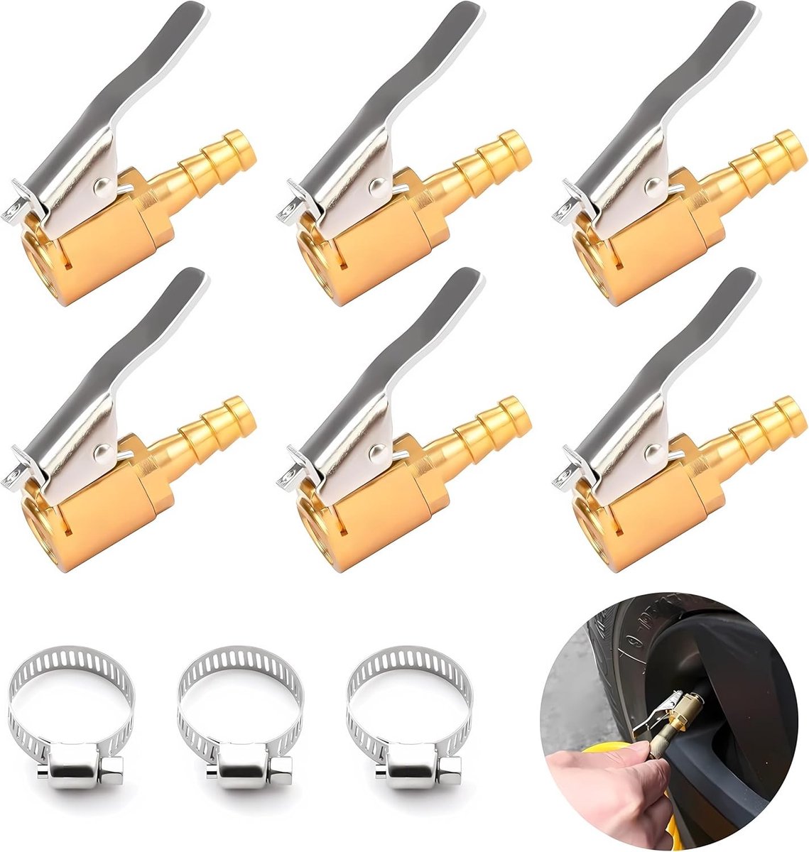 6-delige set 8mm autoventiel luchtpluggen, 1/4 inch NPT ventieladapter, messing vulnippel voor autobanden, ideaal voor luchtcompressor en bandenonderhoud