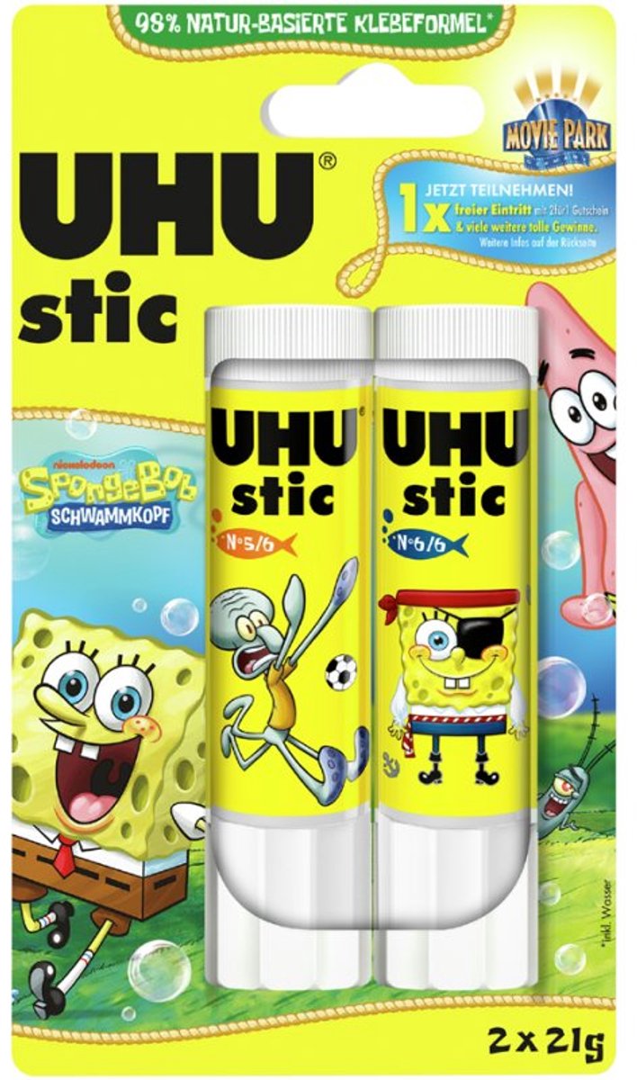 UHU lijmstift SpongeBob, oplosmiddelvrij, 3 × 21 g
