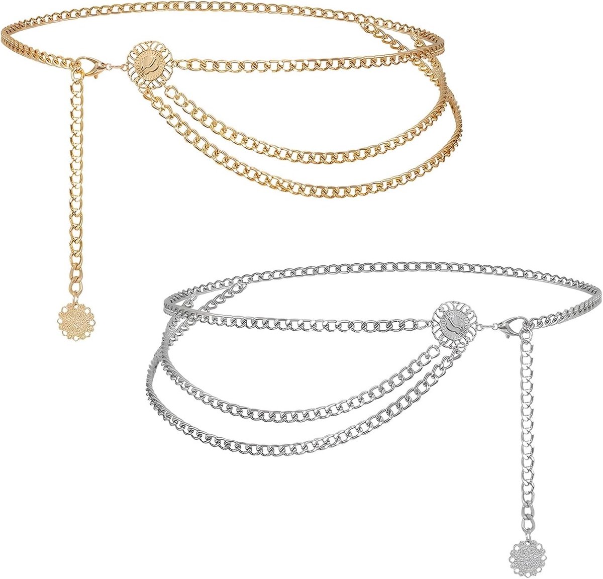 Verstelbare 90 cm Metalen Tailleketting voor Vrouwen, Geschikt voor Piratenkostuums, Buikketting en Tailleband in Zilver en Goud, Perfect voor Feestjes en Cosplay