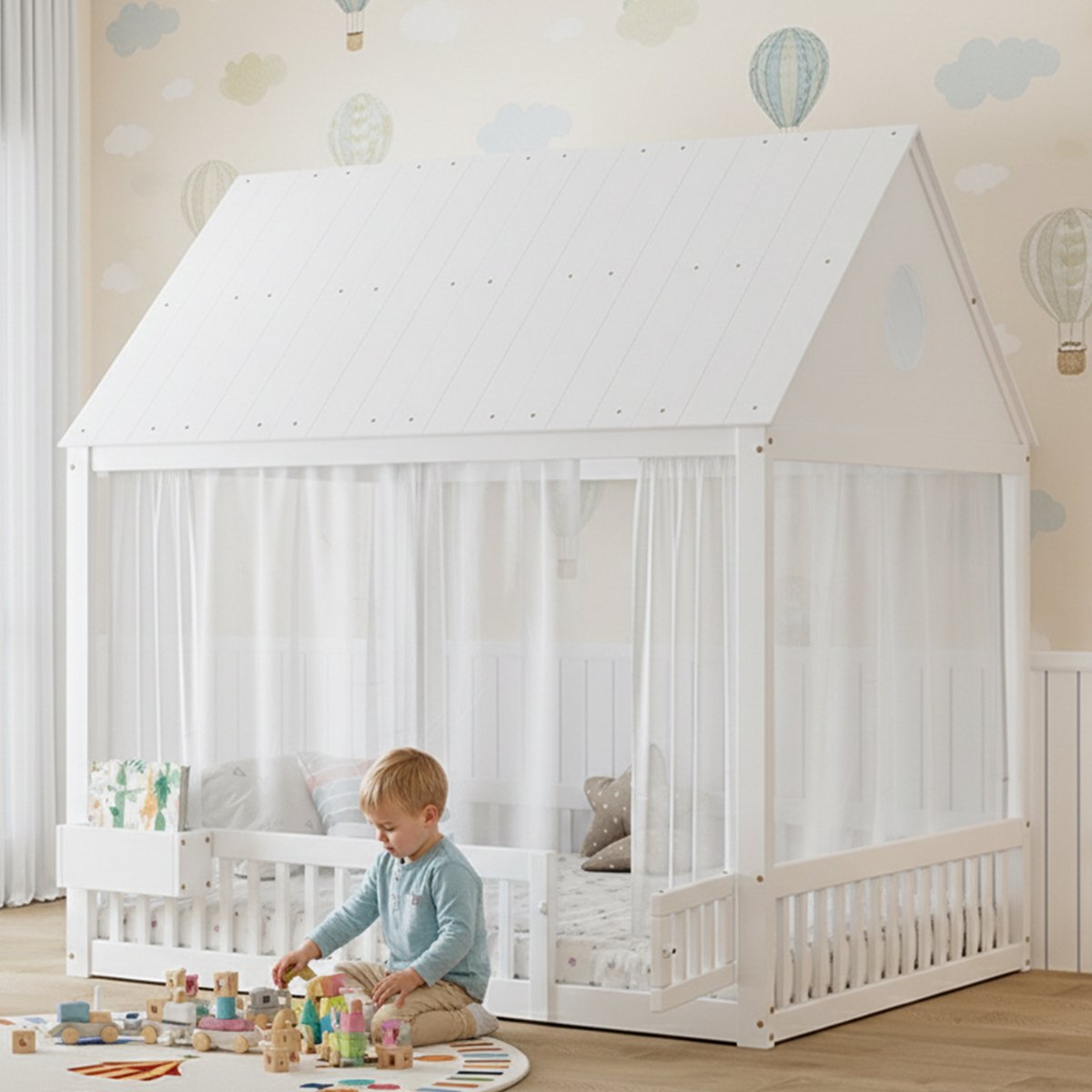 WUVRIE Kinderhuisbed 140x200 cm met lattenbodem, opbergvak en witte gordijnen, wit