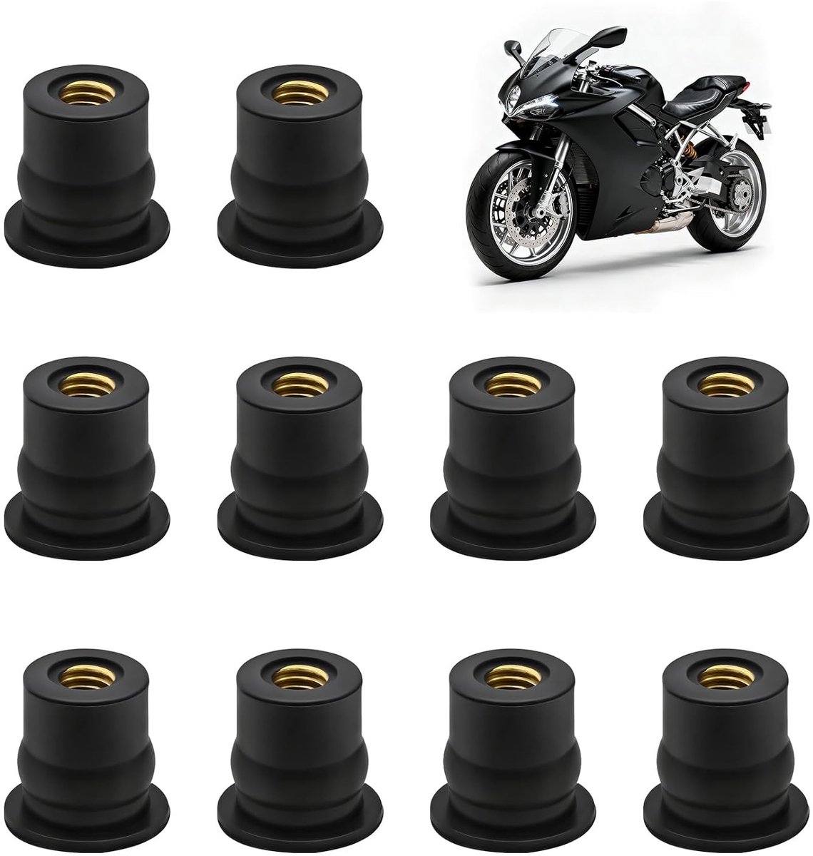 Set van 10 M6 Motorfiets Windschermmoeren met Rubber Bevestiging voor Motorwindscherm, Geschikt voor Diverse Motoren en Windschermmontage