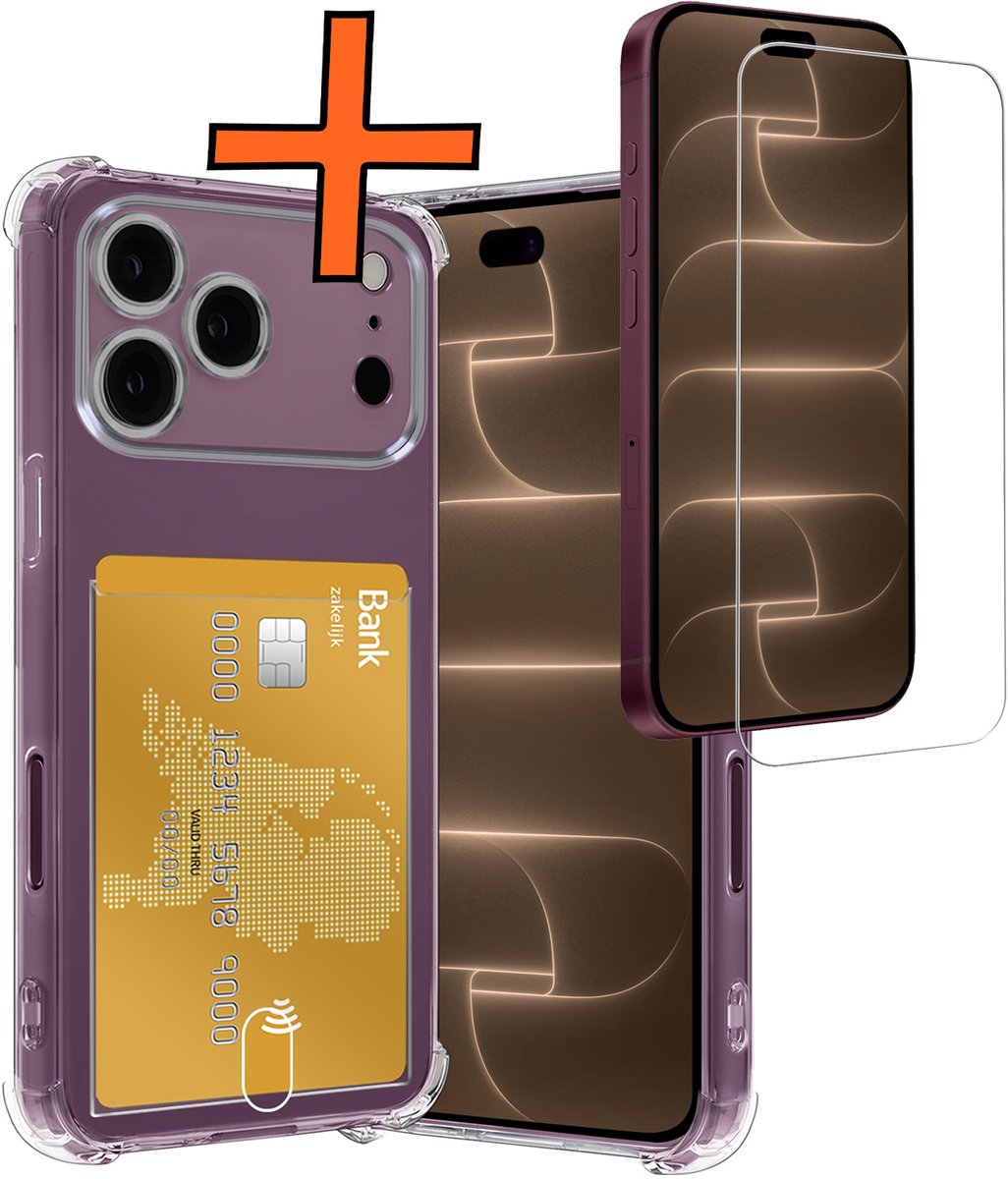 Hoes - Geschikt voor Apple iPhone 18 Pro Max - Met Screenprotector - En Pashouder - En Kaarthouder - Telefoon Hoesje Shockproof - Siliconen Case - Back Cover - Shock Proof - Pasjes Houder - Transparant