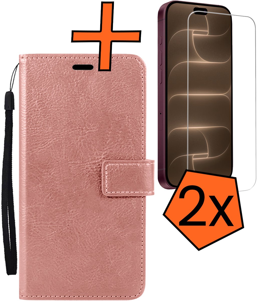Hoes - Met 2x Screenprotector - Geschikt voor Apple iPhone 18 Pro Max - Luxe Pasjeshouder - Bookcase Portemonee - Flip Case - Kunstleer Book Case - Flipcase Hoes - Book Cover - Walletcase - PortemonneeHoes - Rosé goud