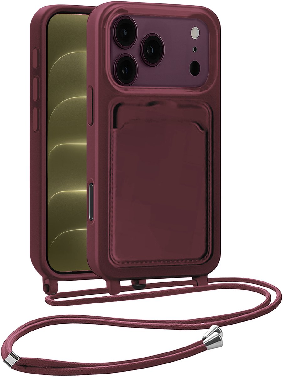 Hoesje Geschikt voor iPhone 18 Pro Hoesje Met Koord Siliconen Case - Hoes Geschikt voor iPhone 18 Pro Backcover Met Afneembaar Koord - Aubergine