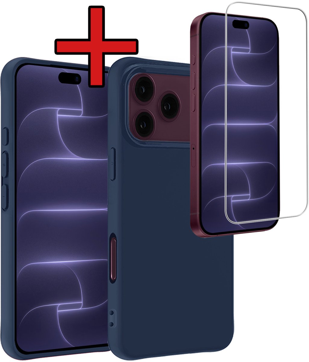 Hoesje - Met Screenprotector - Geschikt voor Apple iPhone 18 Pro Max - Sterk & Shockproof - Telefoon Hoes - Back Cover - Siliconen Case - Telefoonhoes - Donkerblauw