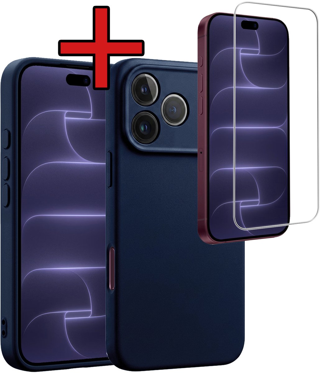 Hoesje - Met Screenprotector - Geschikt voor Apple iPhone 18 Pro - Sterk & Shockproof - Telefoon Hoes - Back Cover - Siliconen Case - Telefoonhoes - Donkerblauw