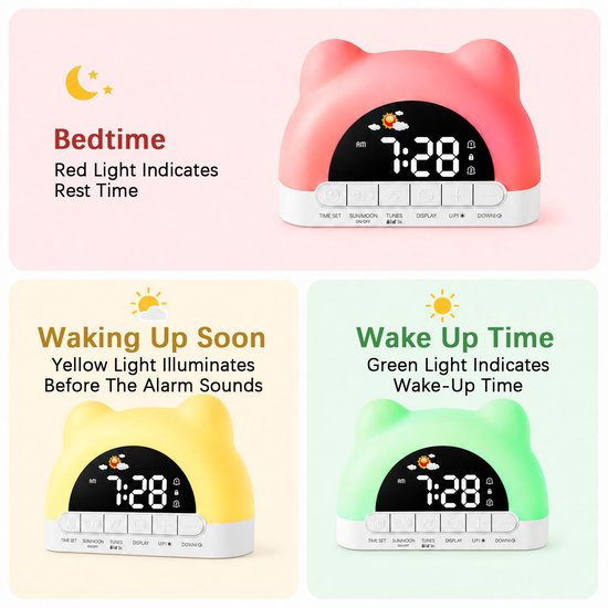 Kinderwekker digitaal - slaaptrainer voor kinderen - 11 nachtlamp kleuren - 10 slaapmelodieën - ShopVlot — afbeelding 2