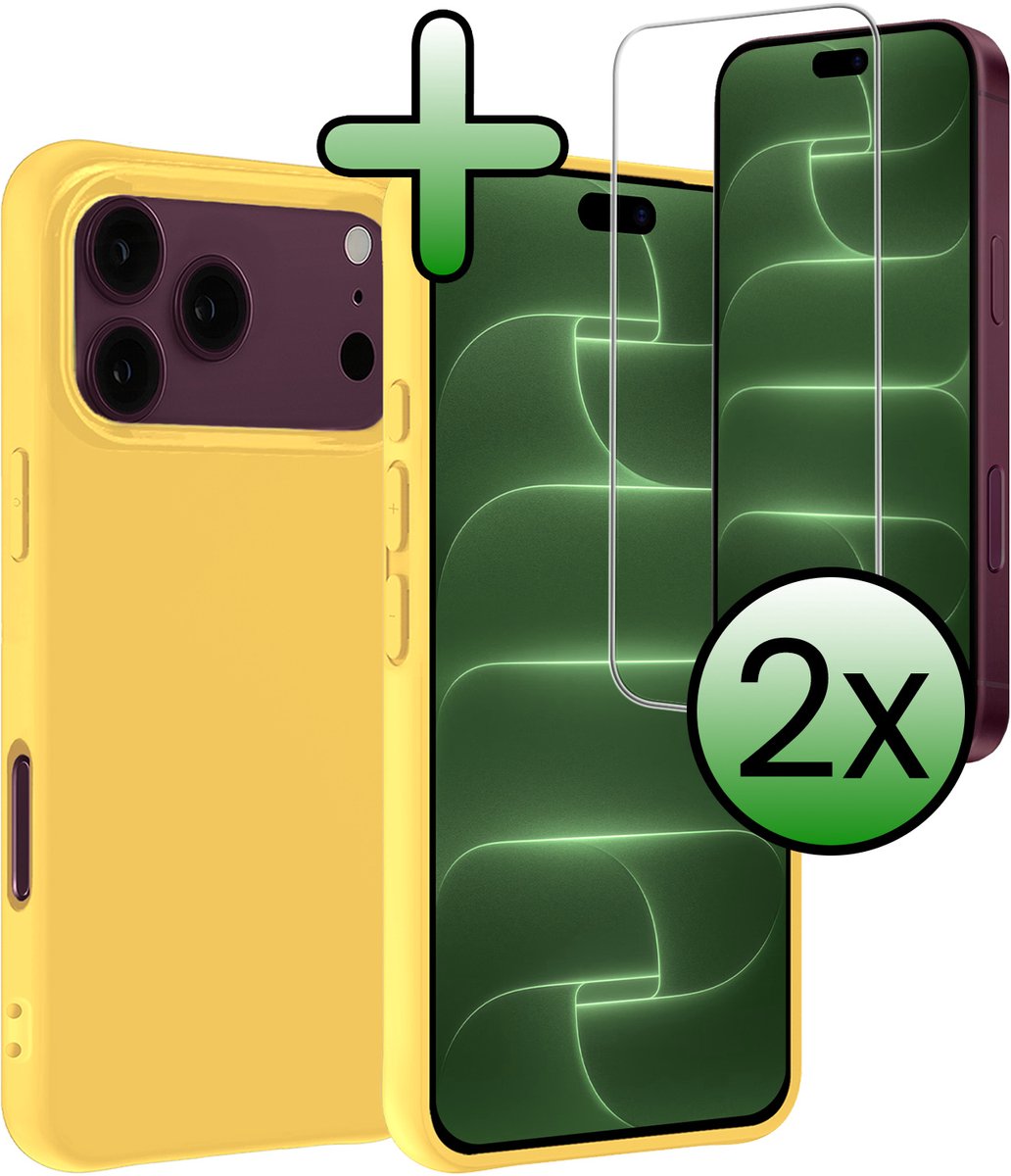 Hoesje Met 2x Screenprotector - Geschikt voor Apple iPhone 18 Pro - Sterk & Shockproof - Back Cover - Siliconen Case - Telefoon Hoes - Geel