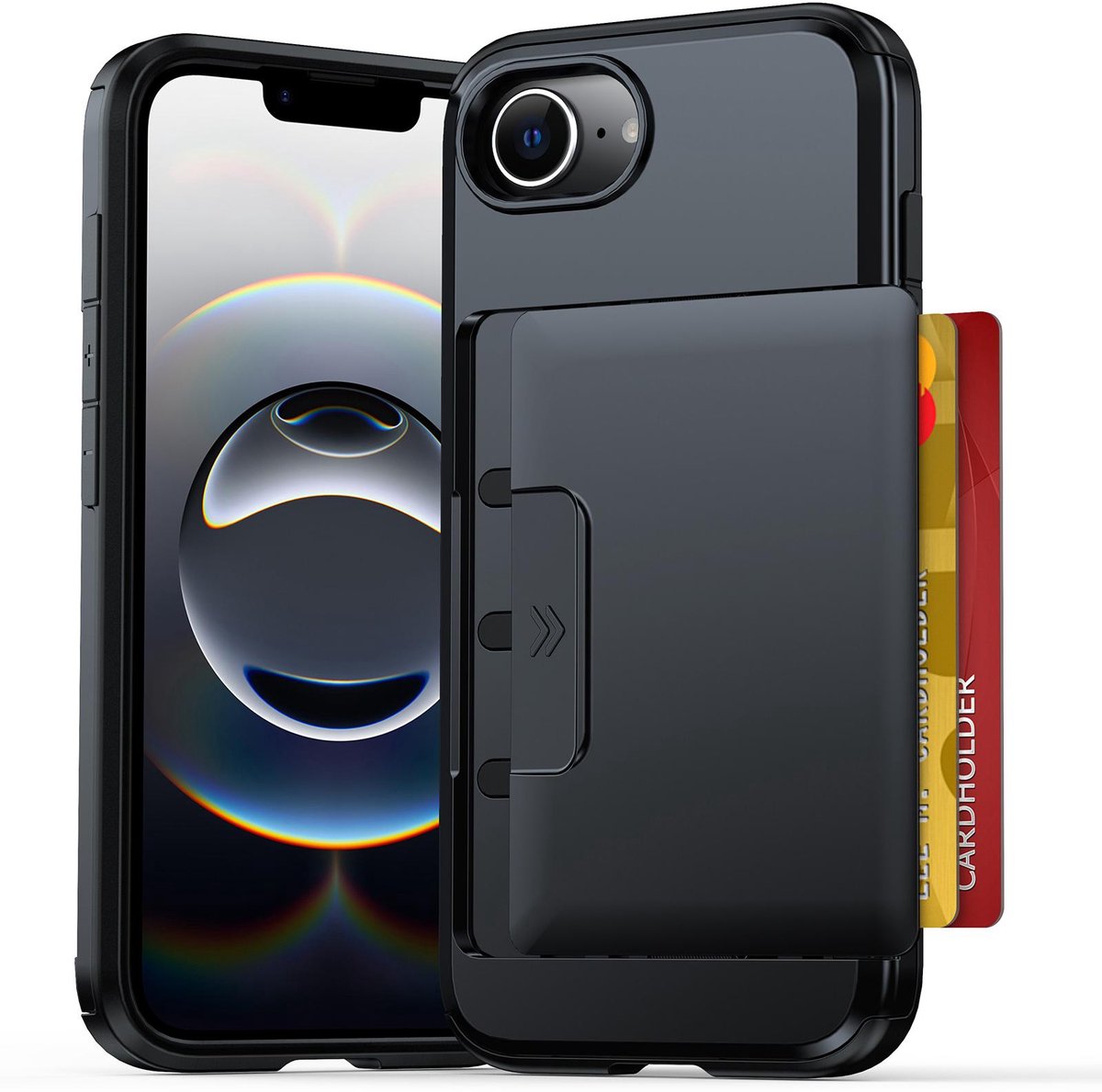Shockproof Hoesje voor de iPhone 16e/17e met Uitschuifbare Kaarthouder - Zwart