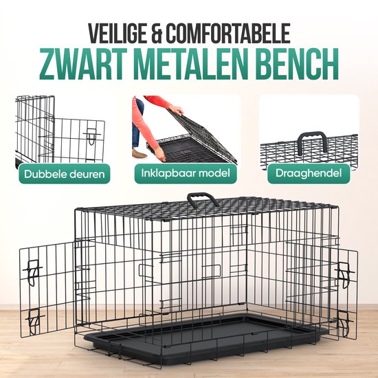 Zwarte metalen hondenbench met dubbele deuren, inklapbaar ontwerp en draaghendel.