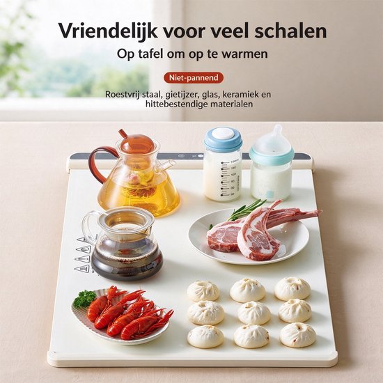 Elektrische warmhoudmat voor eten - 65 x 38 cm - 6 warmtestanden - timer en kinderslot - inclusief hittebestendige onderlegger - gebroken wit — afbeelding 4
