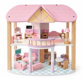 Dastium Kids Poppenhuis - Poppenhuis Hout - Met Poppenhuis Meubels - Poppen Huis Kinderen - Pastel Roze