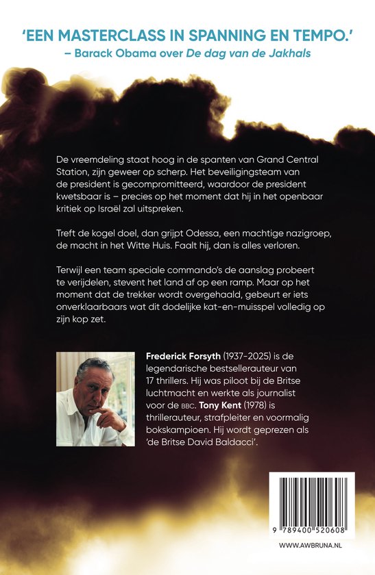 Achterzijde boek met samenvatting, auteursfoto van Frederick Forsyth en citaat van Barack Obama over De dag van de Jakhals.