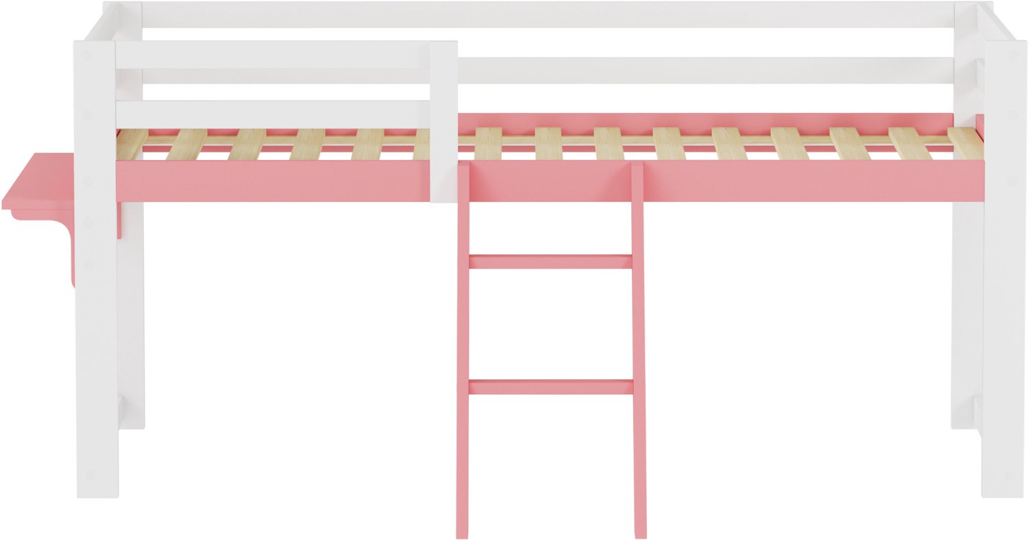 WUVRIE Kinderhoogslaper 90x200 cm - Met valbeveiliging, vaste ladder en zijtafel - Wit/roze