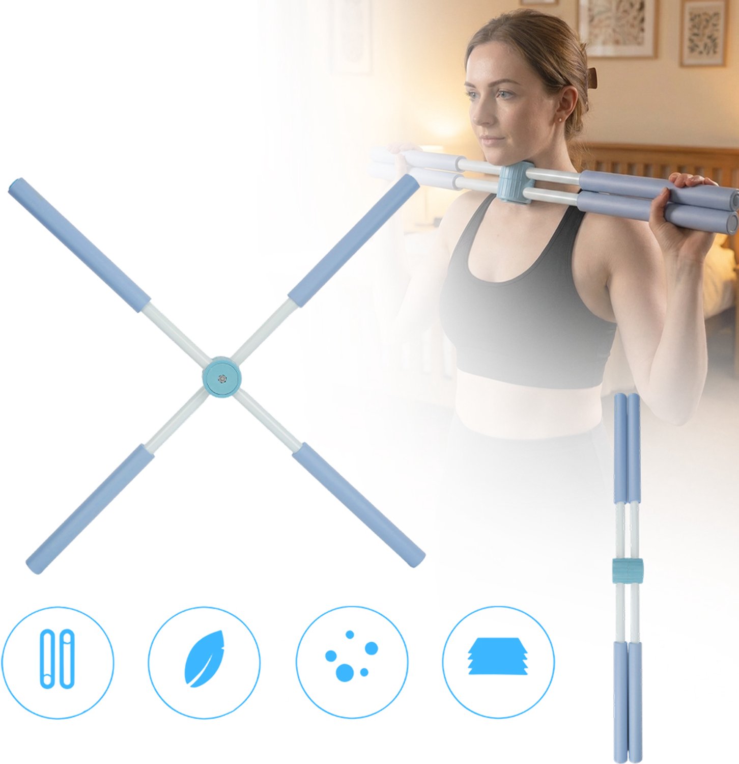 Houdingstrainer 77 cm - Kruisvormige Stretchstok voor Schouders en Bovenrug - Met Zachte Schuimbekleding - Blauw