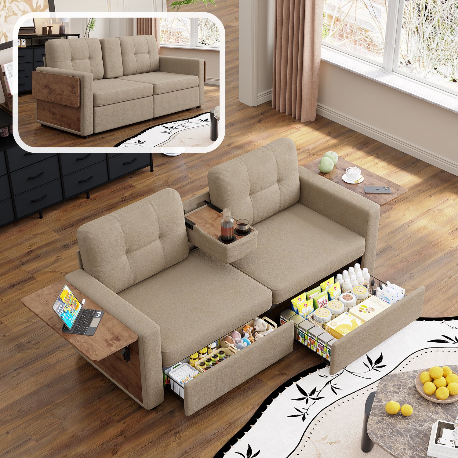 MIVRAY Slaapbank 178 Cm - 2-Zits Met Opbergladen, Verstelbare Laptoptafel En Bekerhouders - Voor Woonkamer - Chenille Khaki
