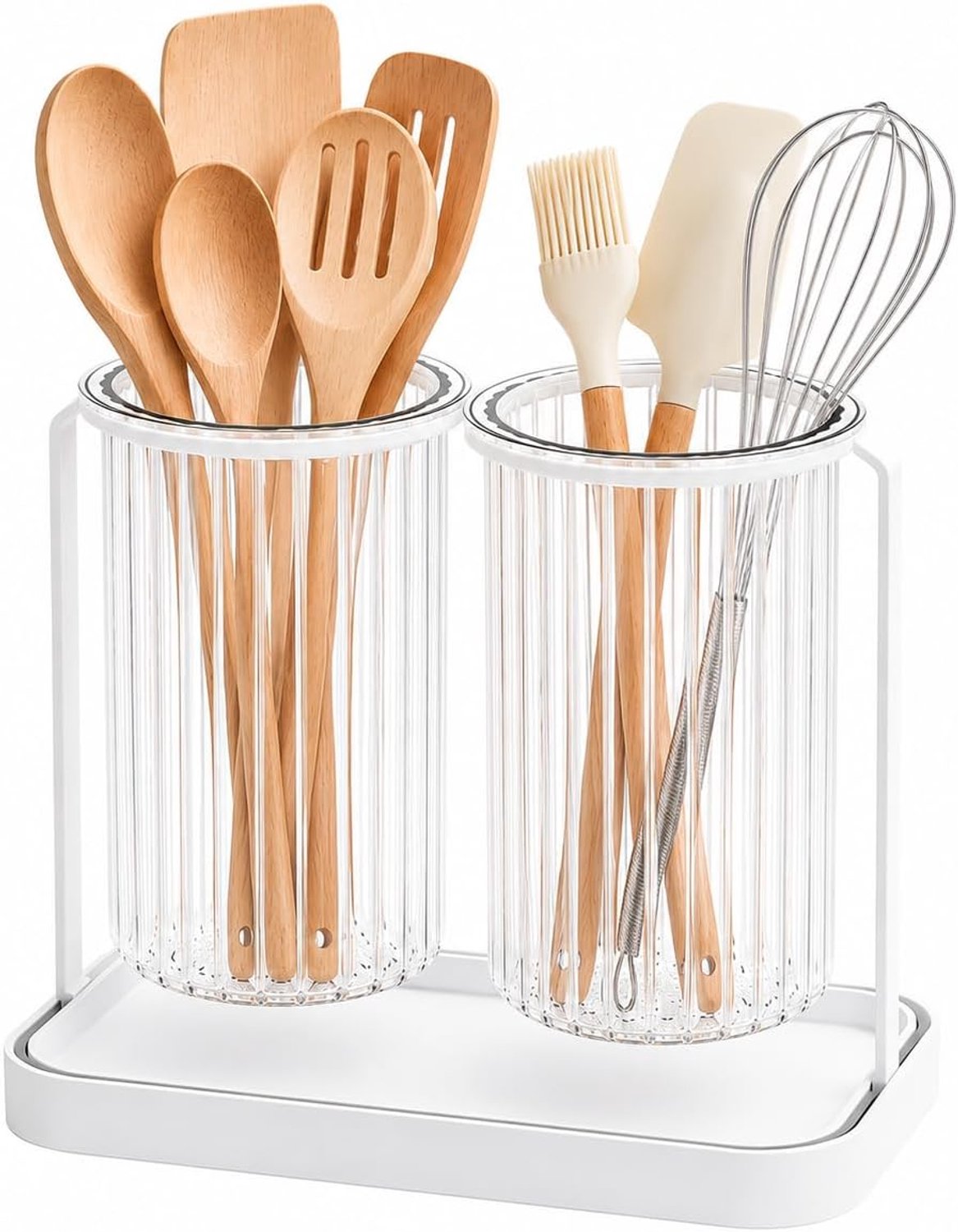 Transparante acryl houder voor keukengerei met dienblad – geribbelde organizer voor keukengerei, tandenborstels, make-upkwasten en opbergruimte op het aanrecht (dubbele houder)