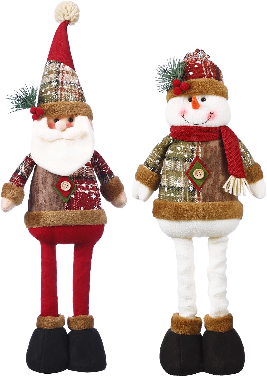 Set van 2 grote pluchen kerstpoppen (peperkoekman-stijl): Kerstman & Sneeuwpop