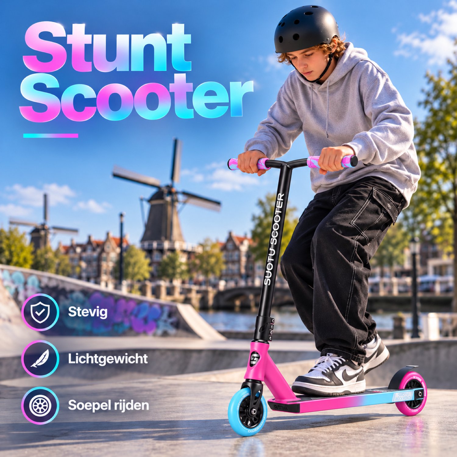 Suotu Stuntstep - Step - Kinderstep - Silent axle - Speelgoed Jongens/Meisjes - Maximale stuurhoogte: 78 cm - Aluminium -Blauw/Roze — afbeelding 2