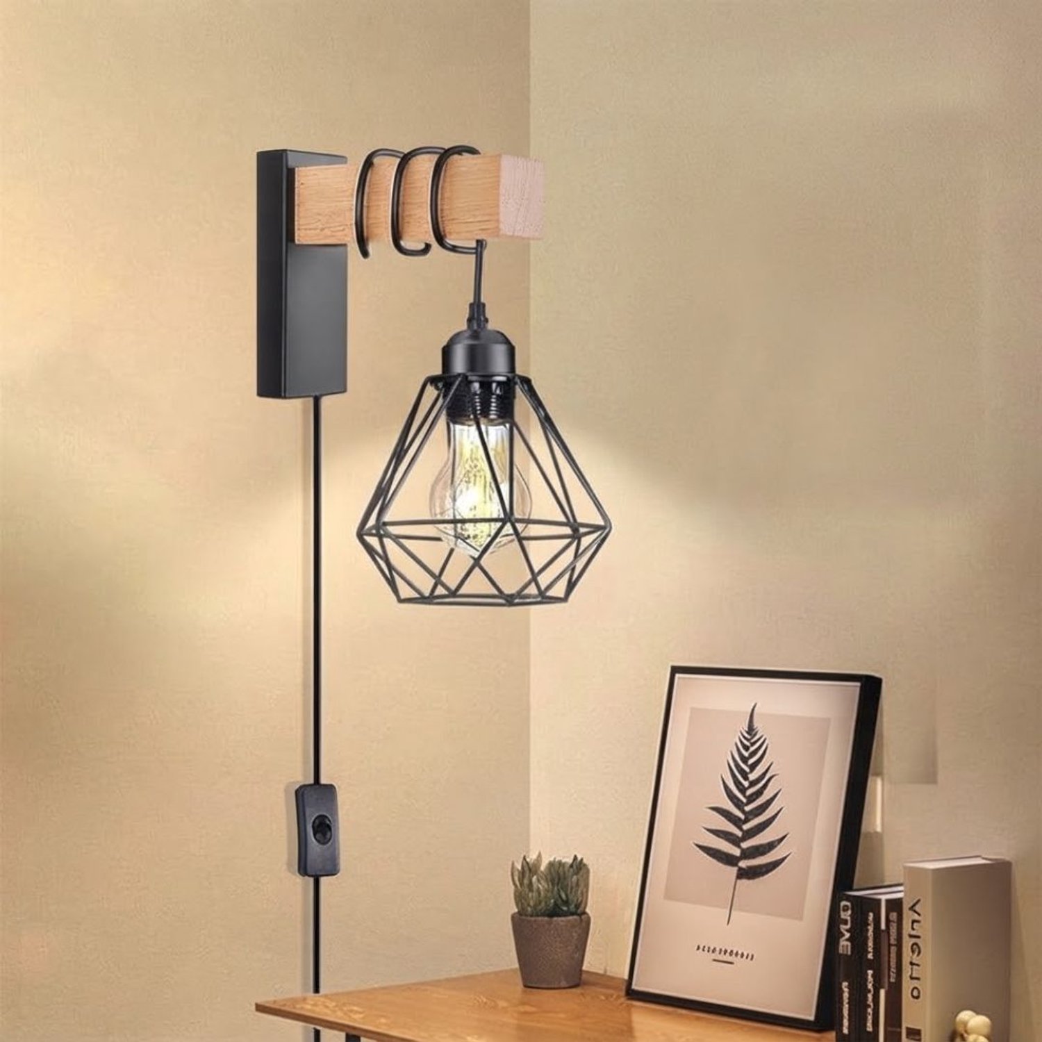 Wandlamp Binnen met Snoer - Wandlamp met Stekker voor Binnen - met Dimbare Schakelaar - Industrieel en Vintage - Slaapkamer Bedlampje - Zwart