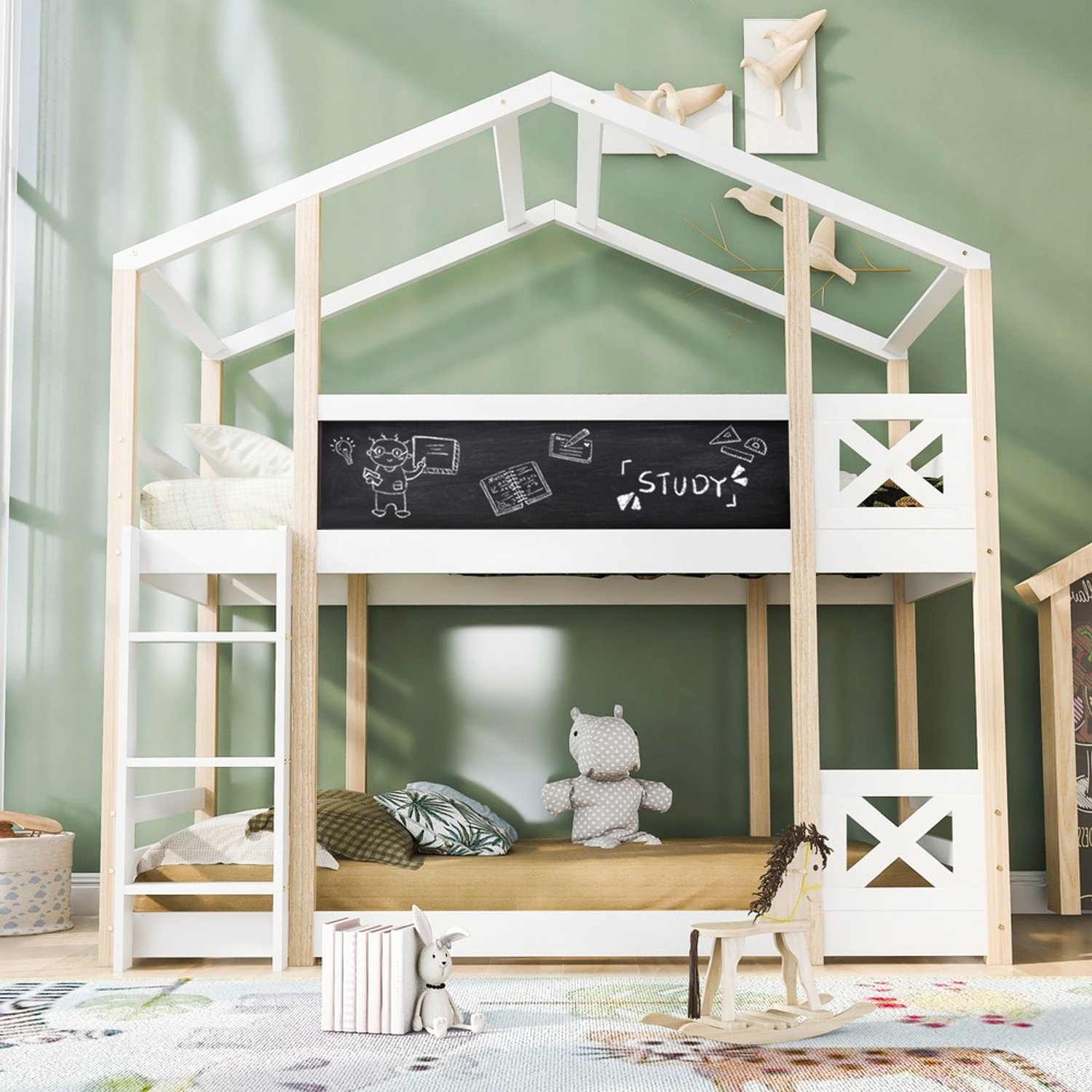 KOMHTOM Stapelbed - 90x200 cm - Naturel en wit - Boomhutstijl - Lattenbodem - Ladder