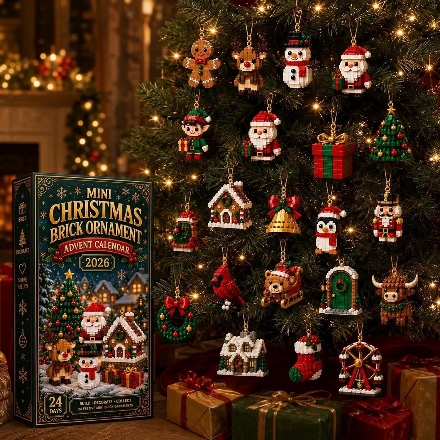 Adventskalender 2026 - Kerstkalender - 24 Dagen Bouwsteen Ornamenten - Bouwblokken - Kinderspeelgoed - Met Ophanglus - Mini-steentjes Voor Boom, Slinger Of Mantel - Geschikt voor Kerstfeest en Interieur Decoratie – foto 3