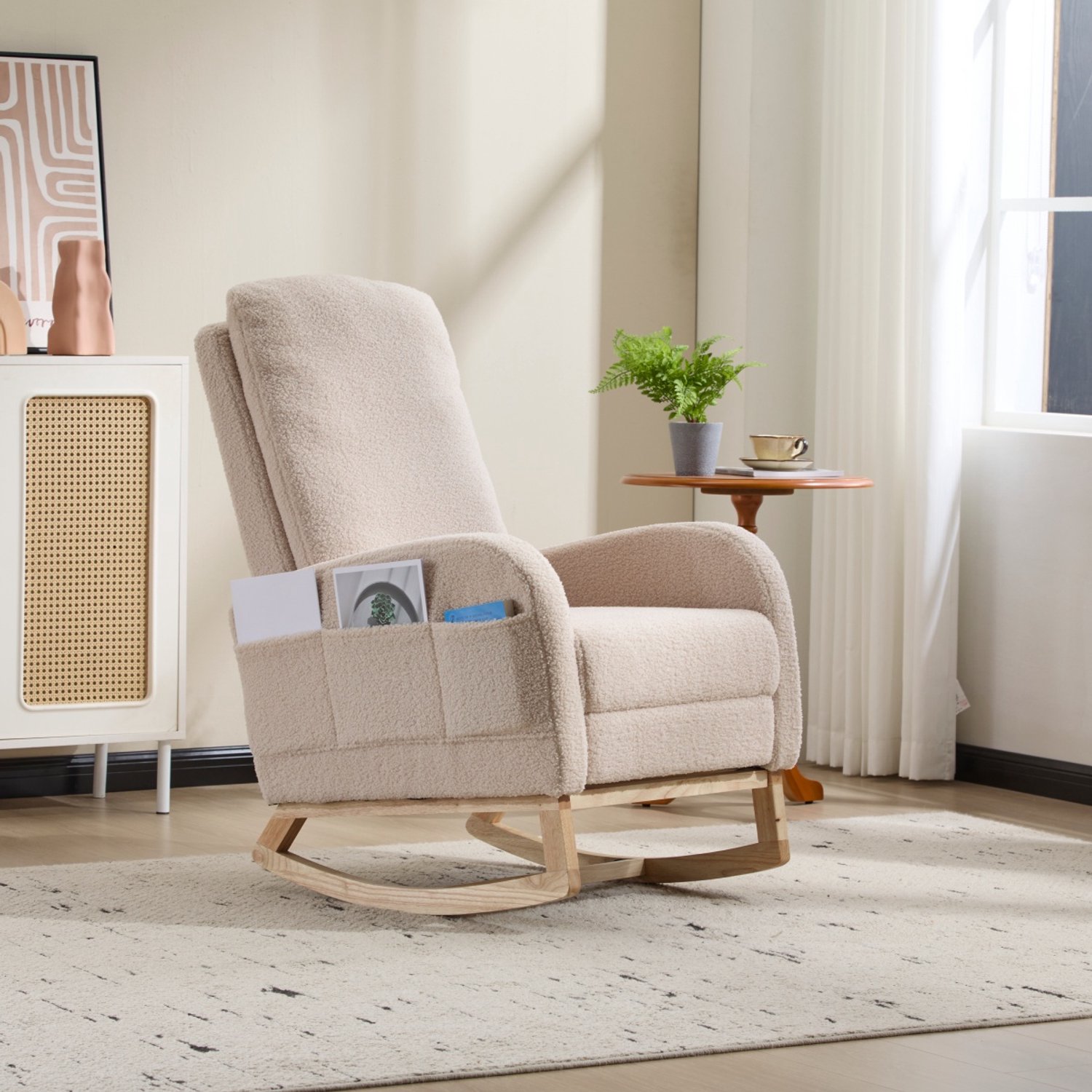 COVREO Schommelstoel met hoge rugleuning – Fauteuil met zijvak – Relaxstoel voor babykamer – 75x63x104 cm – Beige