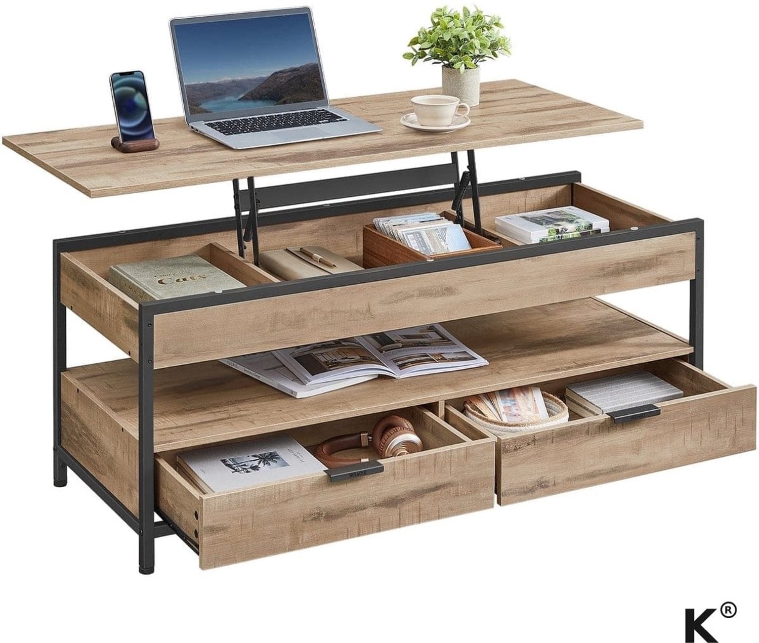 Klarven Salontafel met Opbergruimte - Verstelbare Salontafel - Bijzettafel met Lade - Salontafel - Verstelbaar Blad, Lades en Open Vakken - Bruin-Zwart Eikenkleurig/zwart