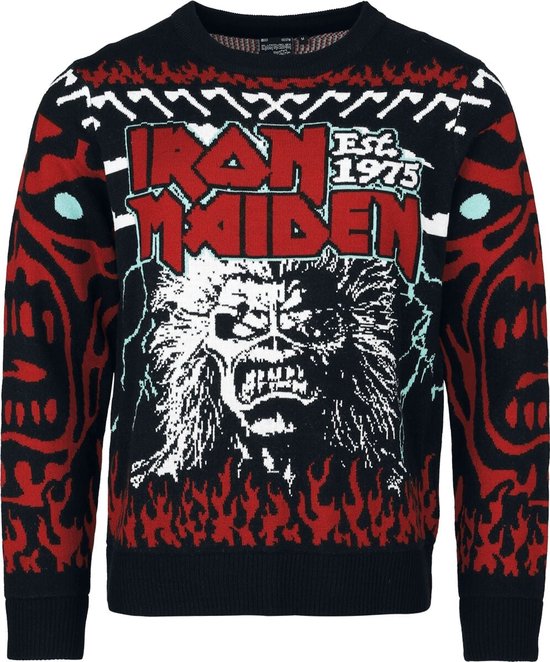 Zwarte gebreide Iron Maiden kersttrui met Eddie-afbeelding, rood vuurmotief en 'Iron Maiden Est. 1975' logo.