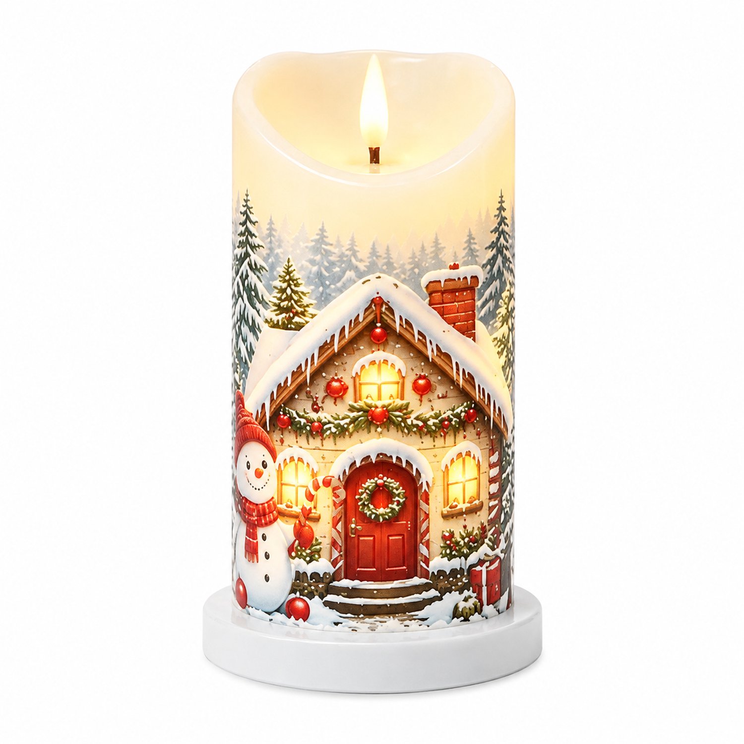 SWGOTA led kaarsen - sneeuwdecor met huisje en sneeuwpop, schuine bovenrand, warm licht, 7,5 x 15 cm, op batterijen, zonder batterijen Wit