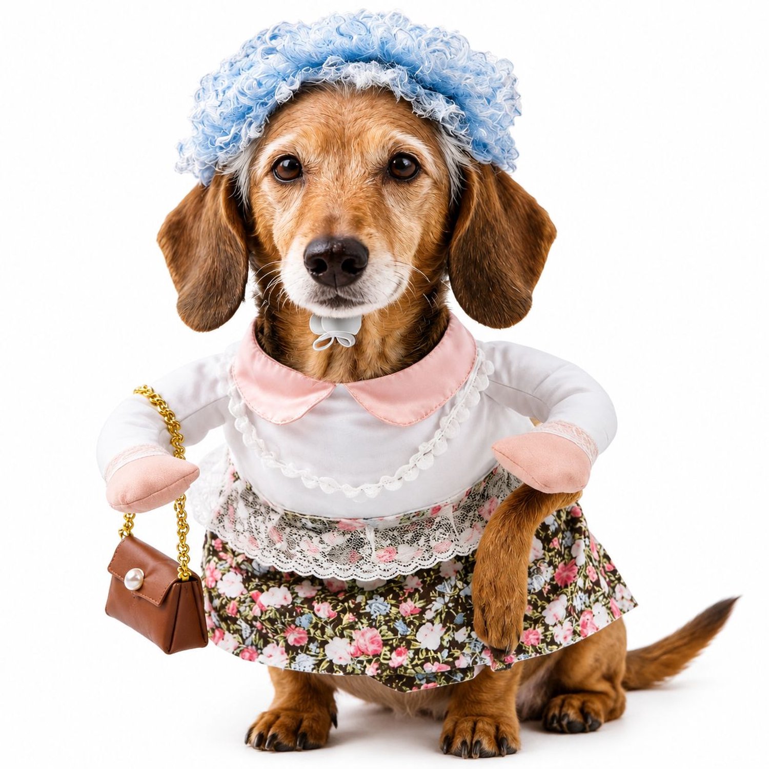 Grappig 'oud vrouwtje'-kostuum voor honden met pruik en handtasje, Halloween-cosplayoutfit voor kleine honden en katten, schattige verkleedkleding (oma-stijl) met parelketting, voor feestjes en fotoshoots (blauwe pruik, maat L)