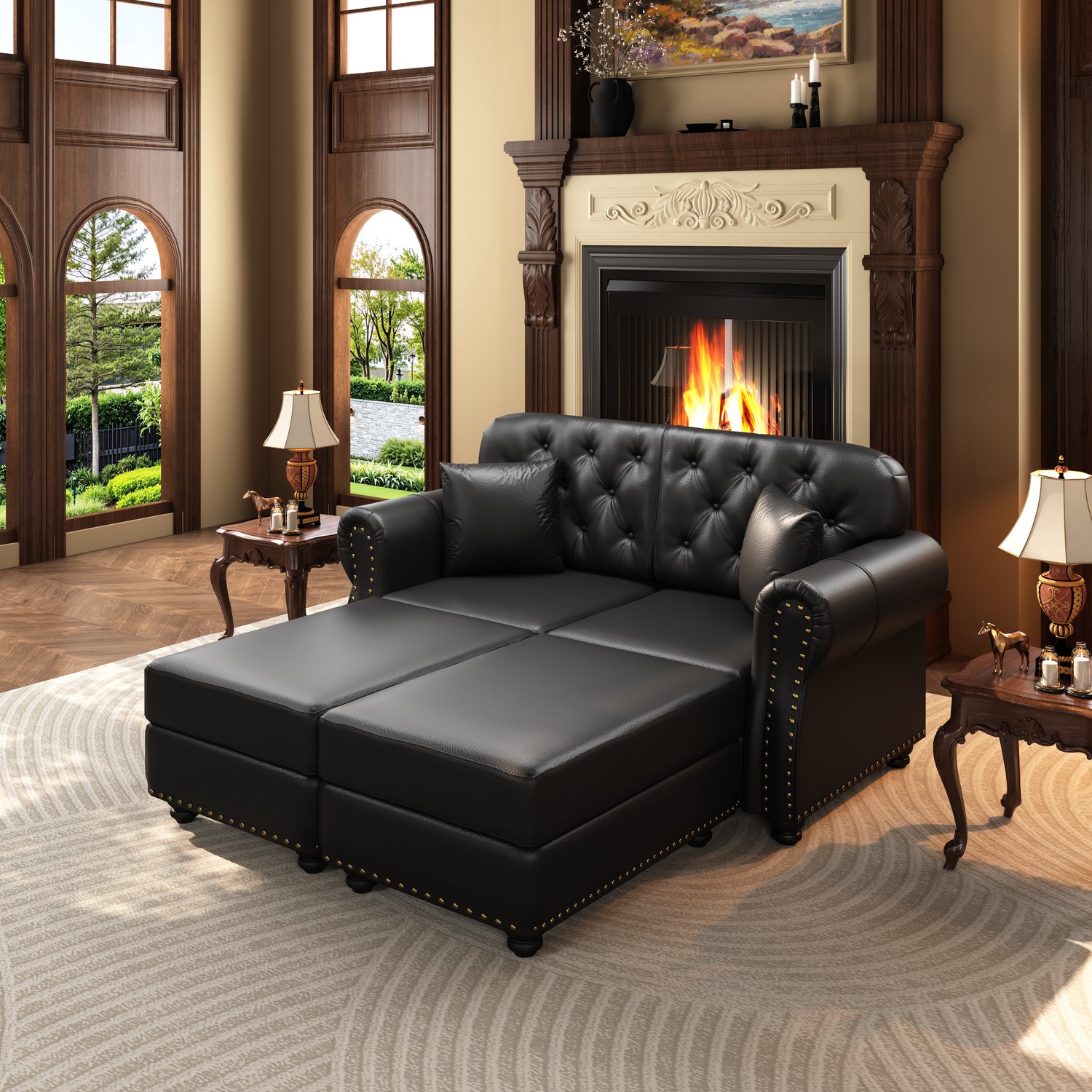 REDOM Chesterfield 2-zitsbank 160 cm - Kunstleer met 2 hockers - Zwart