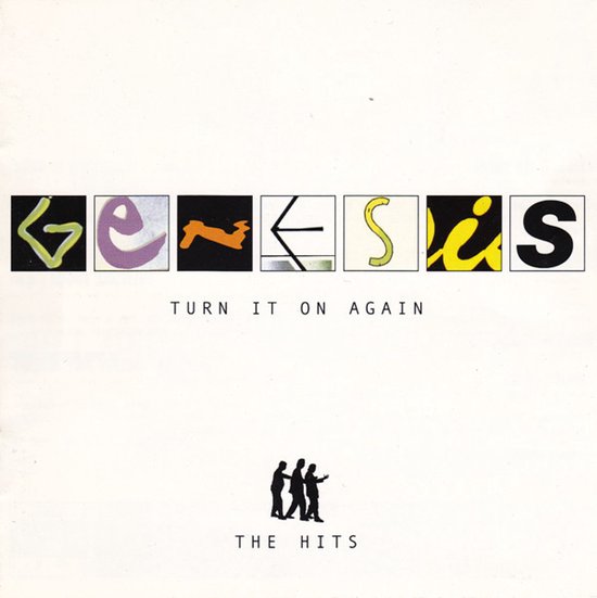 CD-hoes van Genesis 'Turn It On Again - The Hits' met kleurrijke letters in vakjes en silhouet van de band.