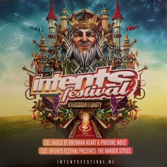 Intents Festival Kingdom of Unity hoes met koning, kasteel, draken en tekst over mix door Brennan Heart en Phuture Noize.