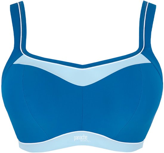 Blauwe sportbeha met lichte blauwe accenten en witte biezen, met panache logo op de band.