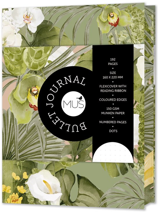 Bullet journal met botanische print van orchideeën en palmbladeren, 192 genummerde pagina's met stippen op Munken-papier.