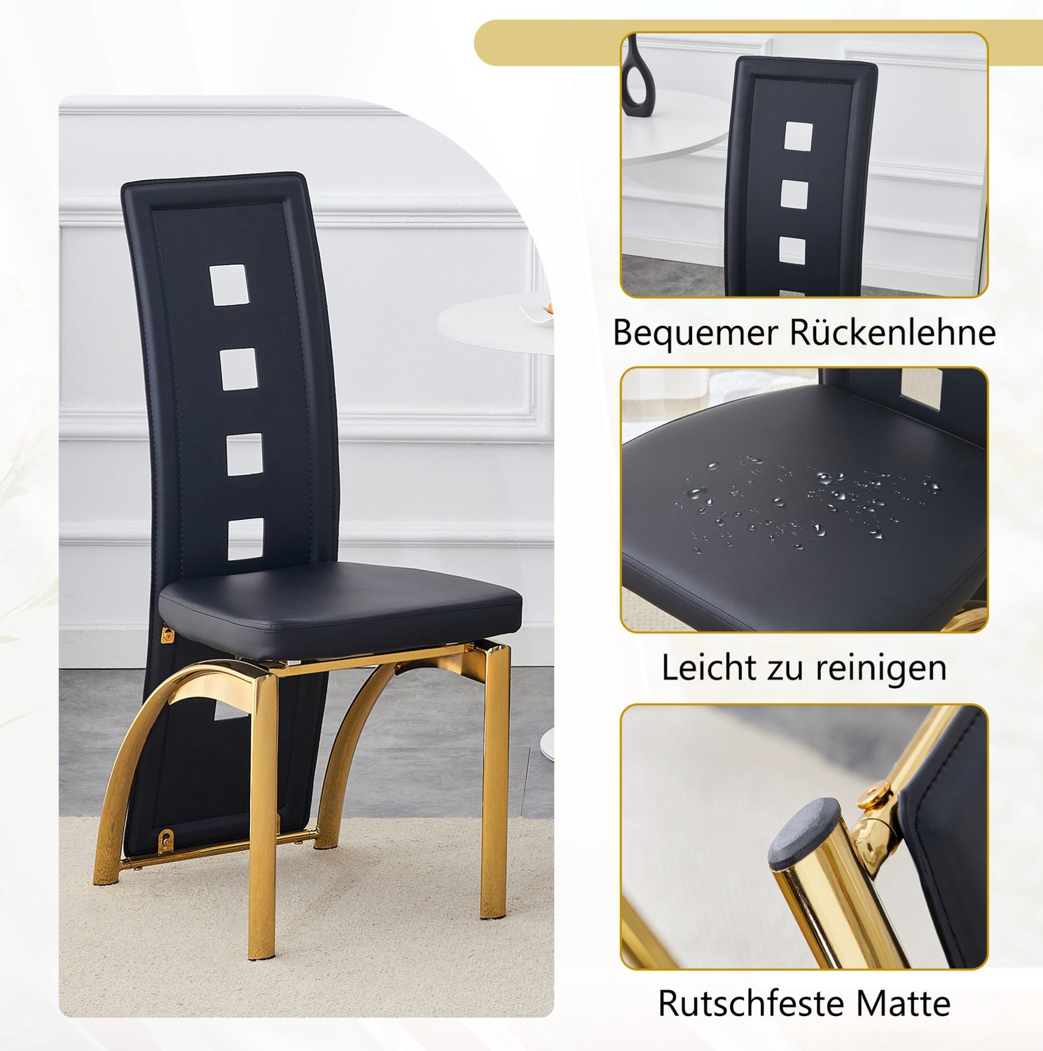 MIVRAY Eetkamerstoelen Set van 4 - Geometrische Opengewerkte Rugleuning - Kunstleer Metaal - Zwart Goud