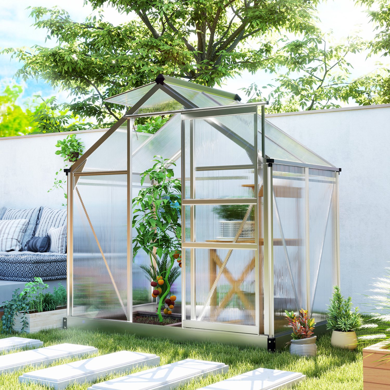 Tuinkas 190 x 132 x 201 cm, Metalen Basis En Dakraam, Praktische Weerbestendige Inloopkas Voor Het Kweken Van Groenten, Kruiden En Planten In Eigen Tuin, Broeikas En Kweekkas, Plantenkas En Serrekas, Tuinserre En Kweekserre – foto 7