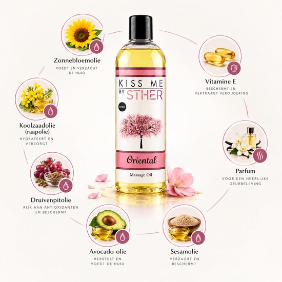Massageolie met zonnebloemolie, vitamine E, koolzaadolie, druivenpitolie, avocadoolie en sesamolie. Met geur en een afbeelding van een bloeiende kersenboom.