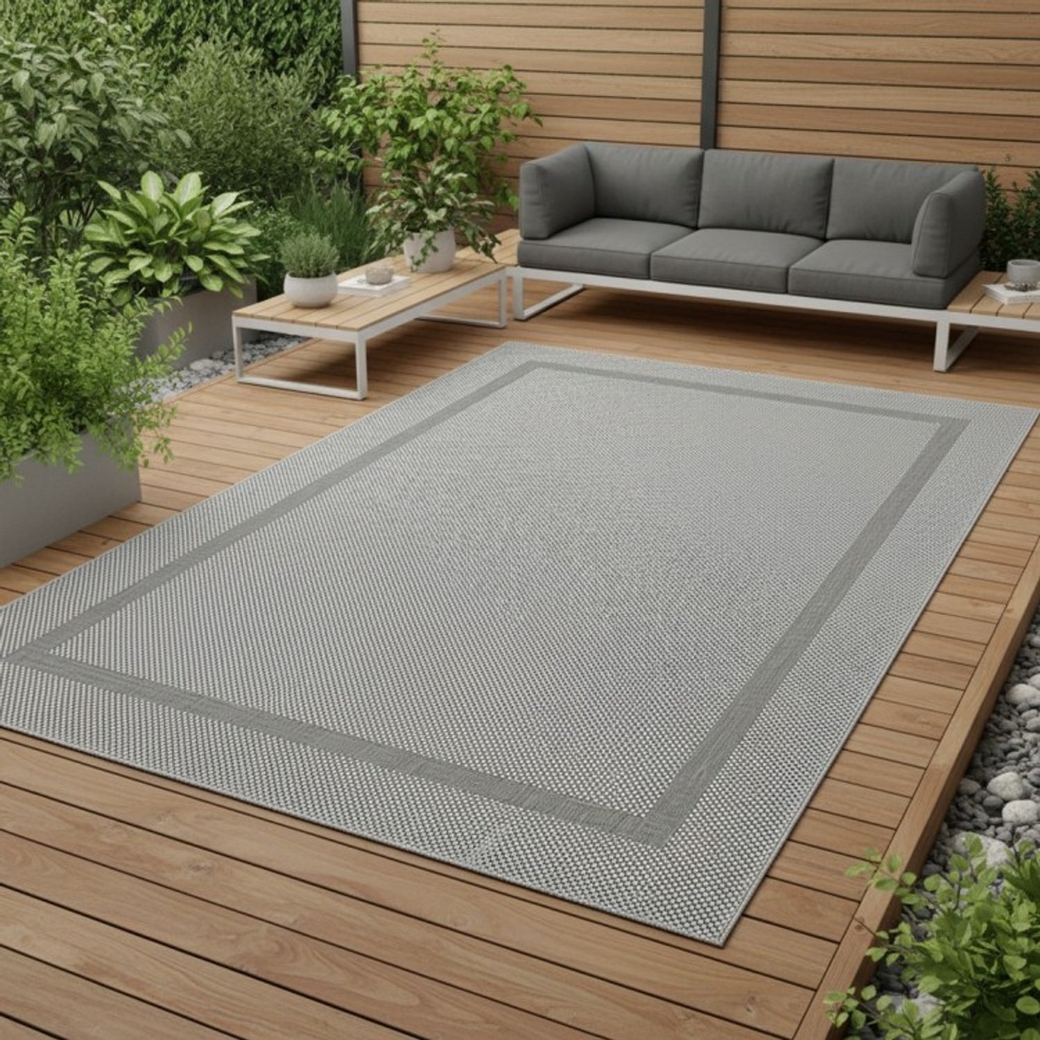 TapisTrend Designer tapijt Grijs 200x280 cm Modern vloerkleed met sisal-look rand, geschikt voor binnen- en buitengebruik, voor woonkamer, terras, balkon en tuin