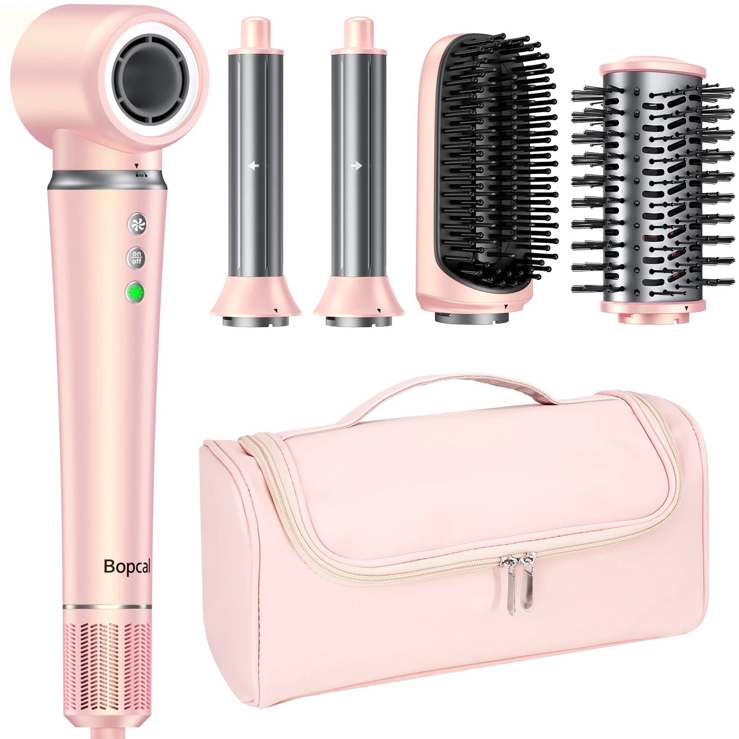 Chelsey-store - 5 in 1 Föhn Heteluchtkam Set - Haarborstel Krultang - Stijltang Styling Tool - Uitvouwbaar handvat - Geschenkdoos - 1200 W - Roze