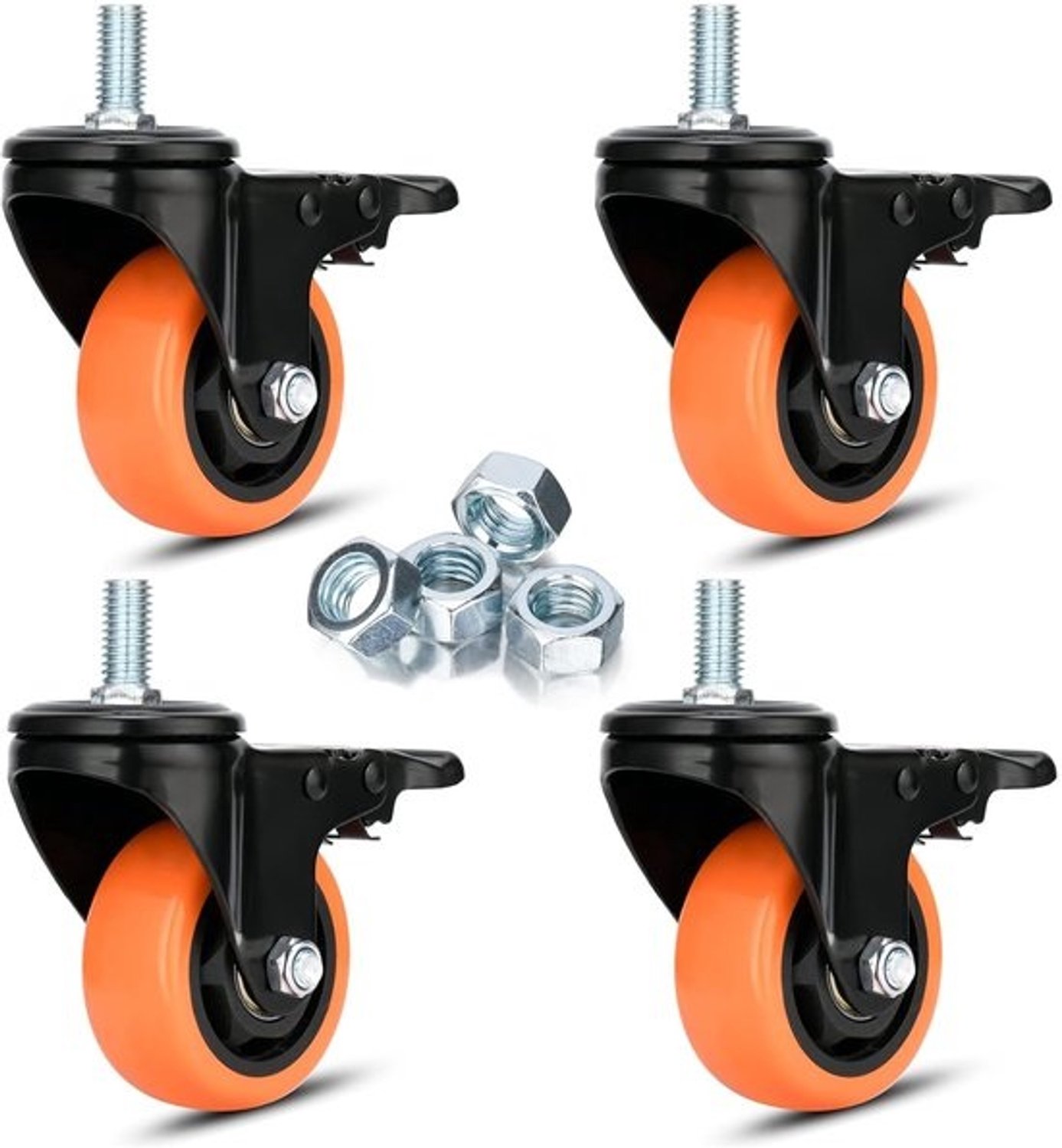 Zware zwenkwielen - PVC wielen - Meubels verplaatsen - Dubbele rem - 75 mm - Oranje