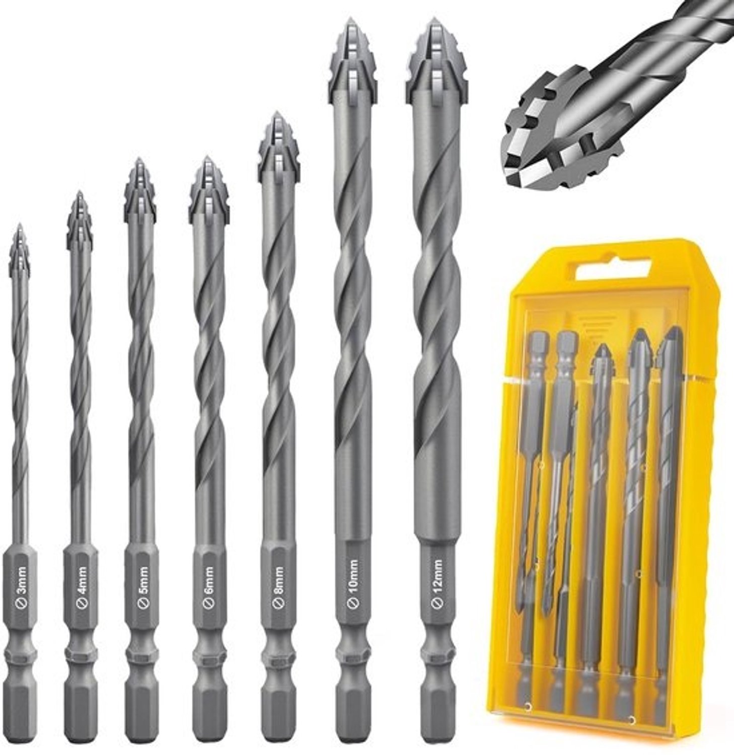 Vier-fluit boor set - Metselboor bits - Materiaal Boren - Viersnijdende zaagtand - 7 stuks maten - Zilver