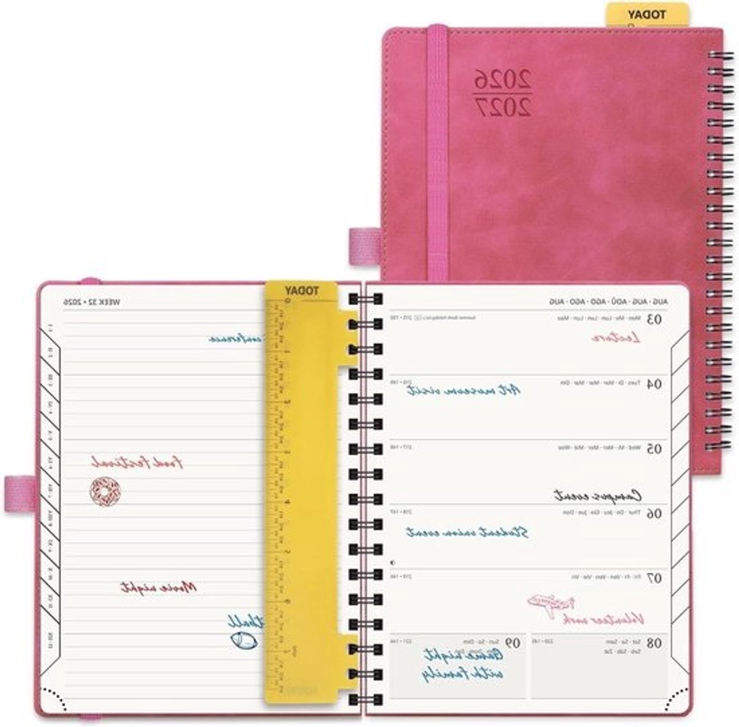 Agenda 2026 2027 - Weekplanner Notitieboek - Tijd Plannen - Maandtabbladen - 22 x 165 cm - Fuchsia