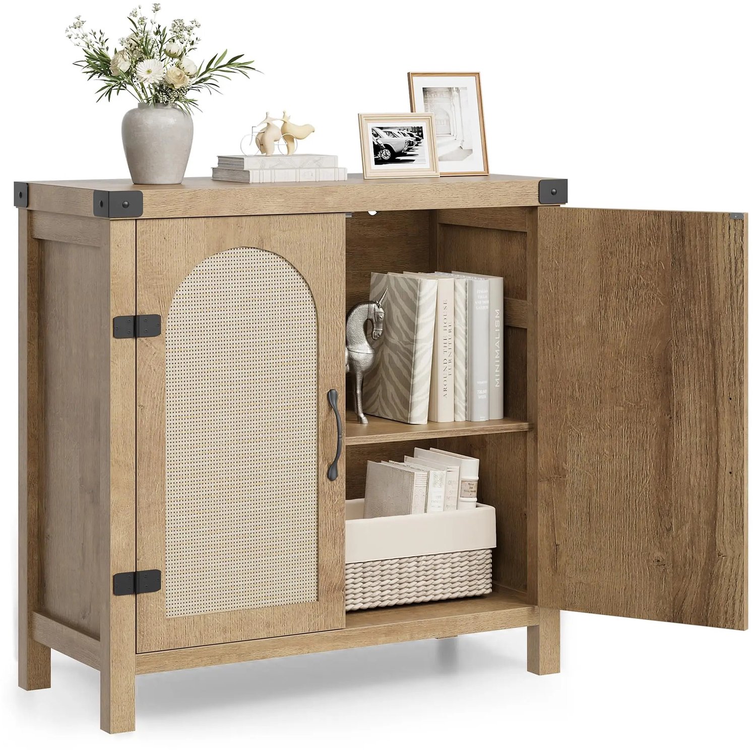 Gudalio Dressoir - Opbergkast - Keukenkast - Buffetkast - Voorraadkast - Keukenmeubel - Natuurlijk - Hout - Rotan - Bruin