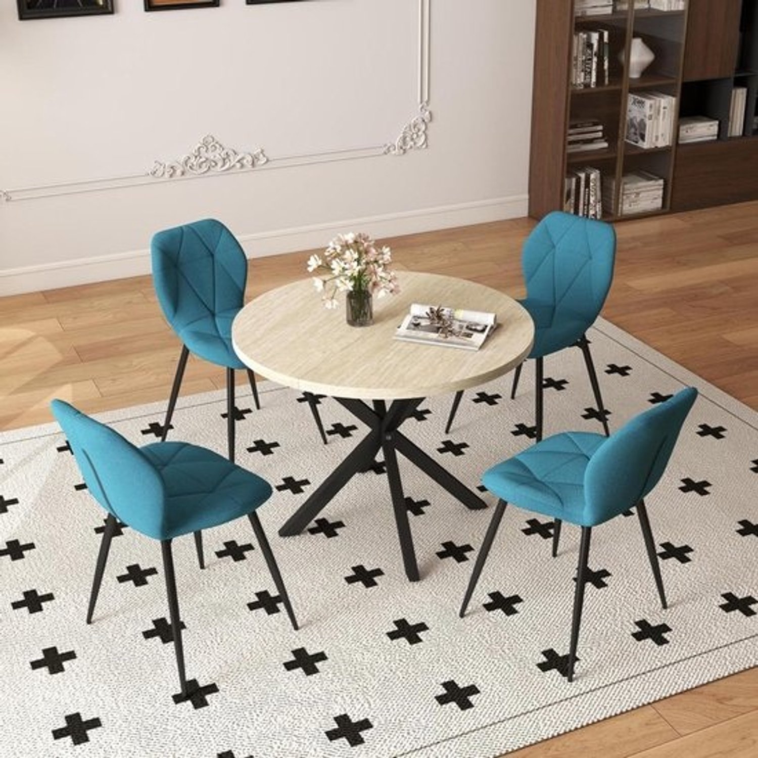 Eettafel en stoelenset - Eetkamer set - Samen eten - Ronde houten tafel - 100 cm tafel - Geel en blauw