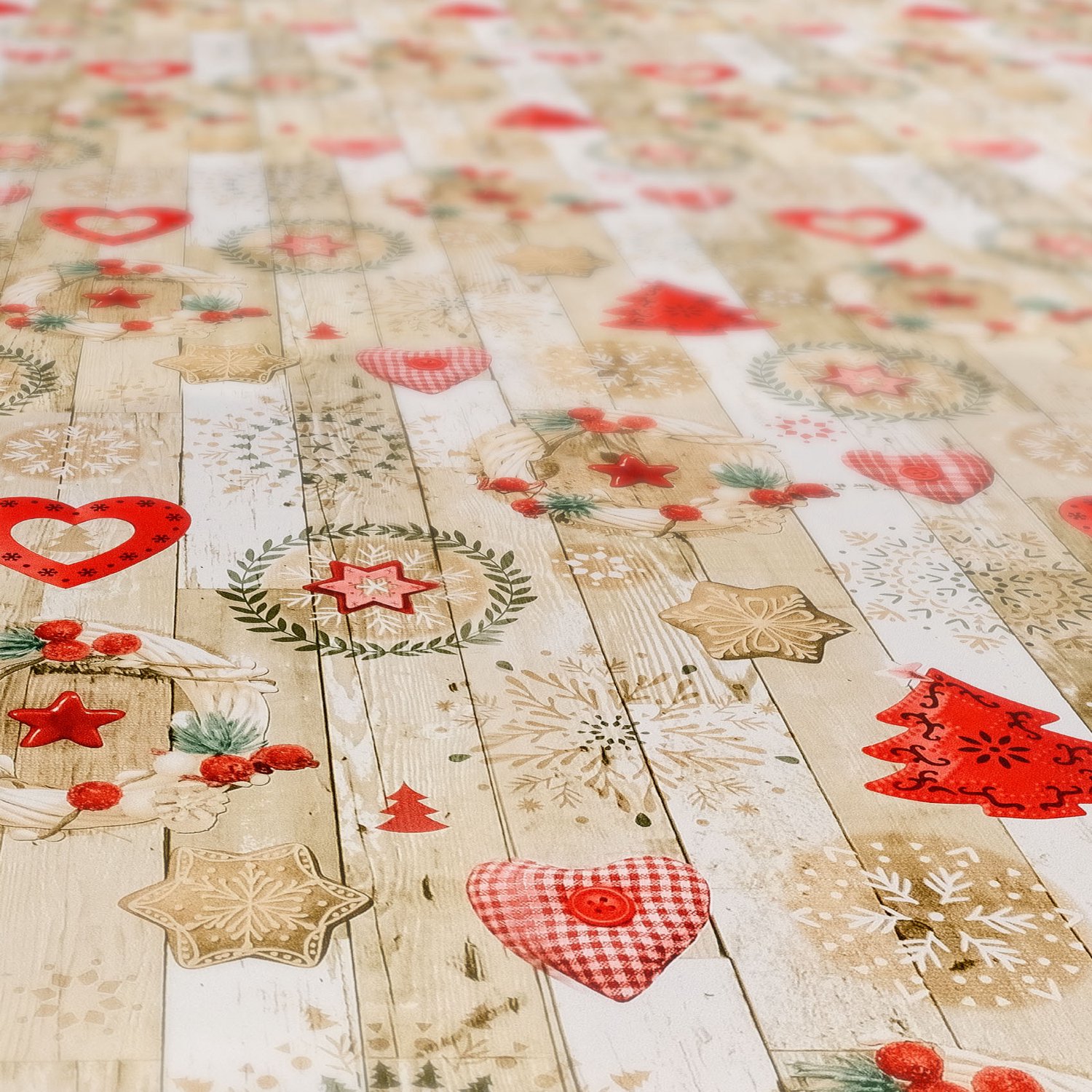 ANRO Tafelkleed Kerst Houtlook Rood-Beige 140cm x 10m Rechte rand Afwasbaar Waterafstotend