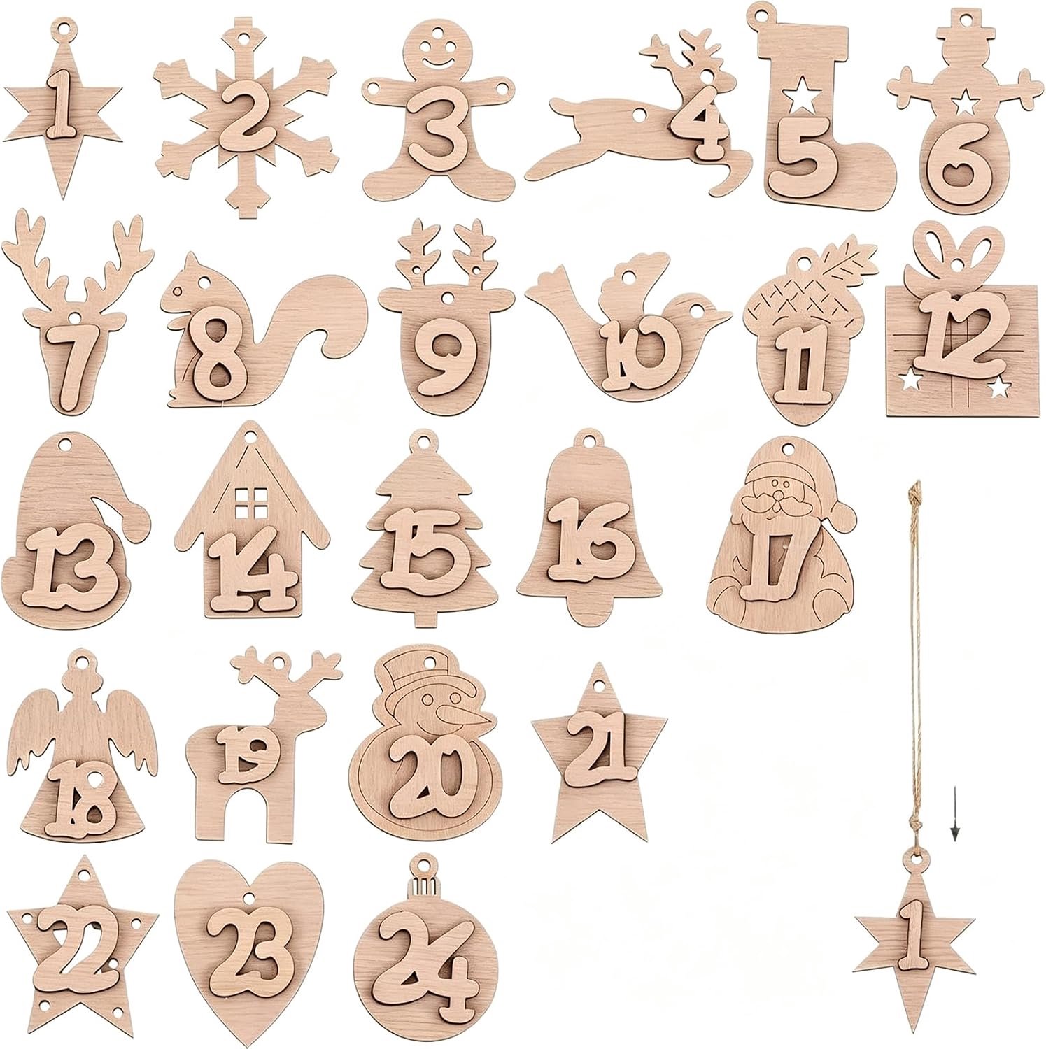 Hangers cijfers van hout 24 stuks - adventskalender - verschillende kerstelementen - duurzame kerstdecoratie - Homevero