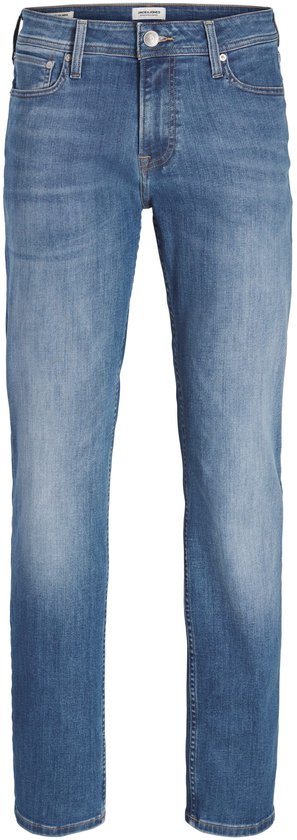 Blauwe jeans met ritssluiting, knoopsluiting en riemlussen in de taille.