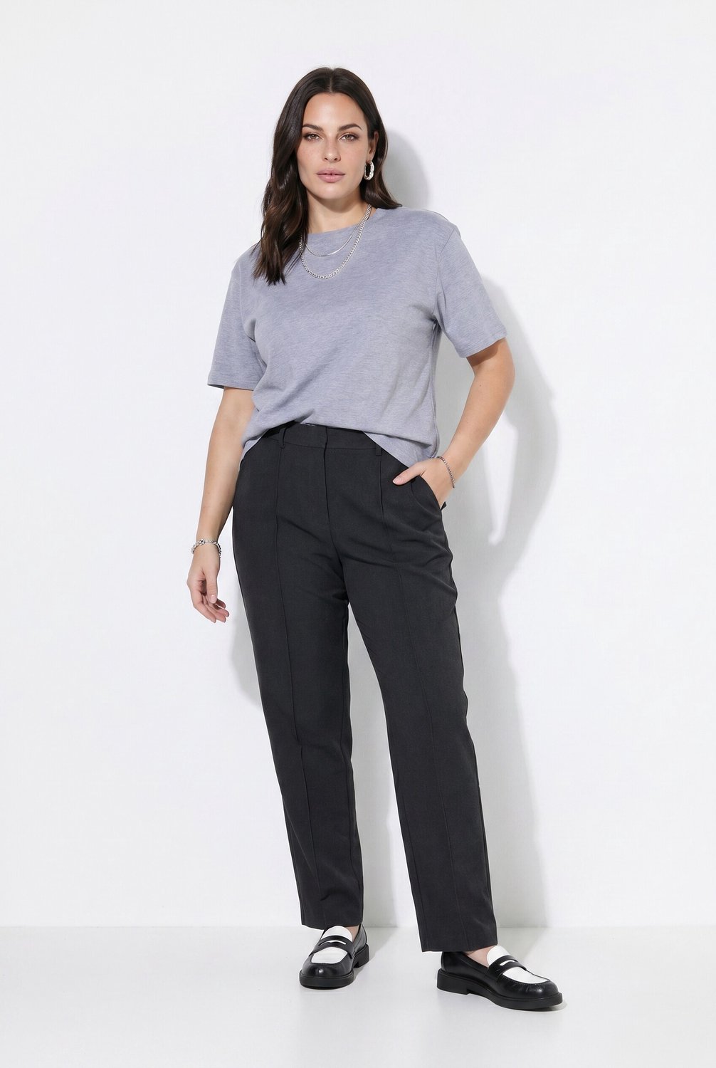 Ulla Popken - Dames - Broek Rose biezen wijde pijpen stretch - Antraciet melange - Maat 54+